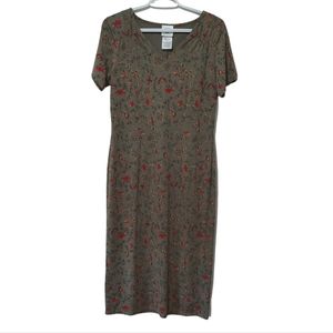 Laura Ashley Vintage Olive Green Cotton Midi Tshirt Dress Red Floral Size Medium